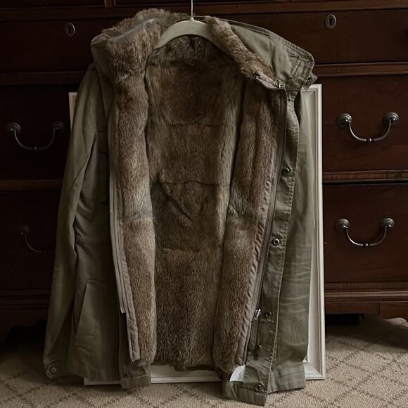 La Rok Luxe Army Green Safari Jacket w removable rabbit fur vest lining NWOT XS - Picture 3 of 10